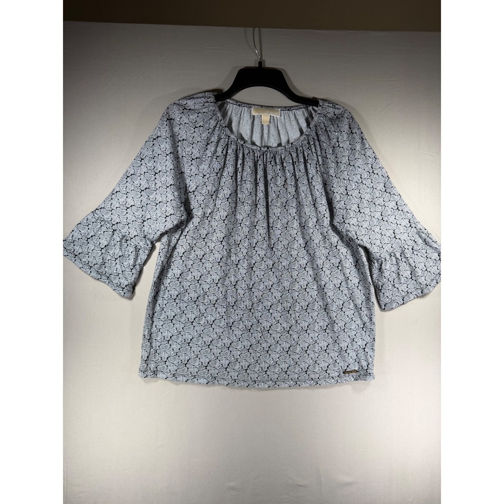 Michael Kors Womens Paisley Print 3/4 Bell Sleeve Blouse Black White Large